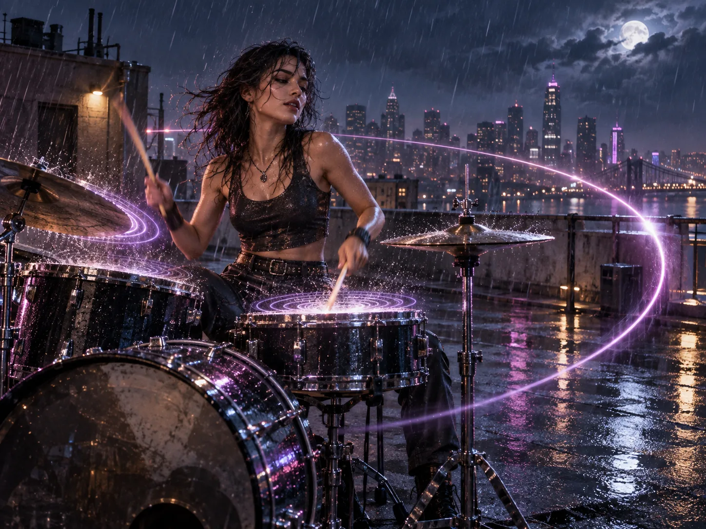 Concept illustration of a rooftop drummer with motion paths and synchronized sound ripples