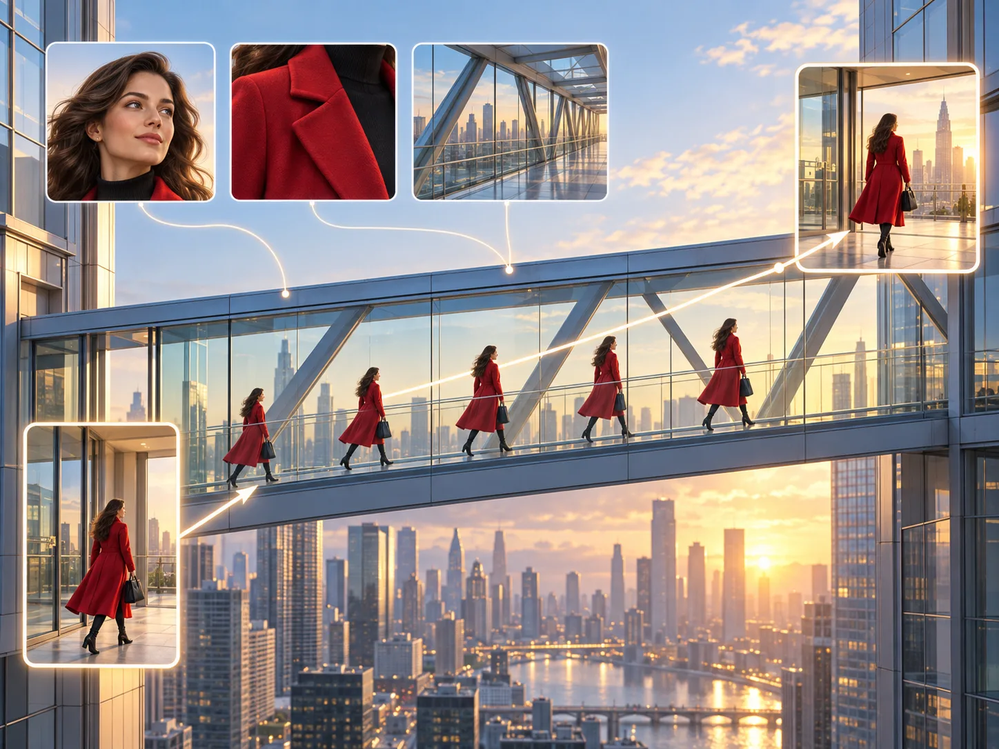 Concept illustration of one woman in a red coat staying consistent across a glass skybridge sequence