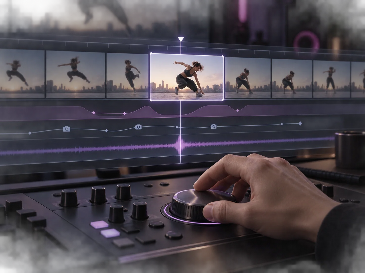 Conceptual editing console refining one dancer frame while neighboring video moments stay unchanged