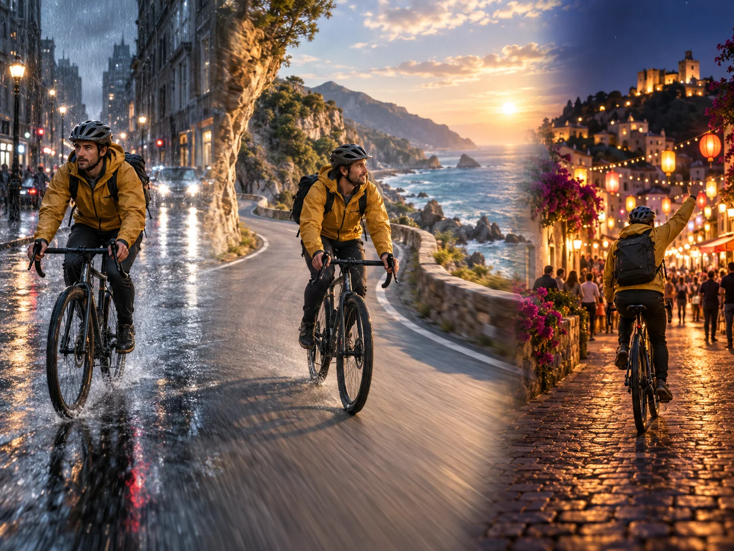Concept illustration of one cyclist continuing through rainy city, coastal, and festival scenes