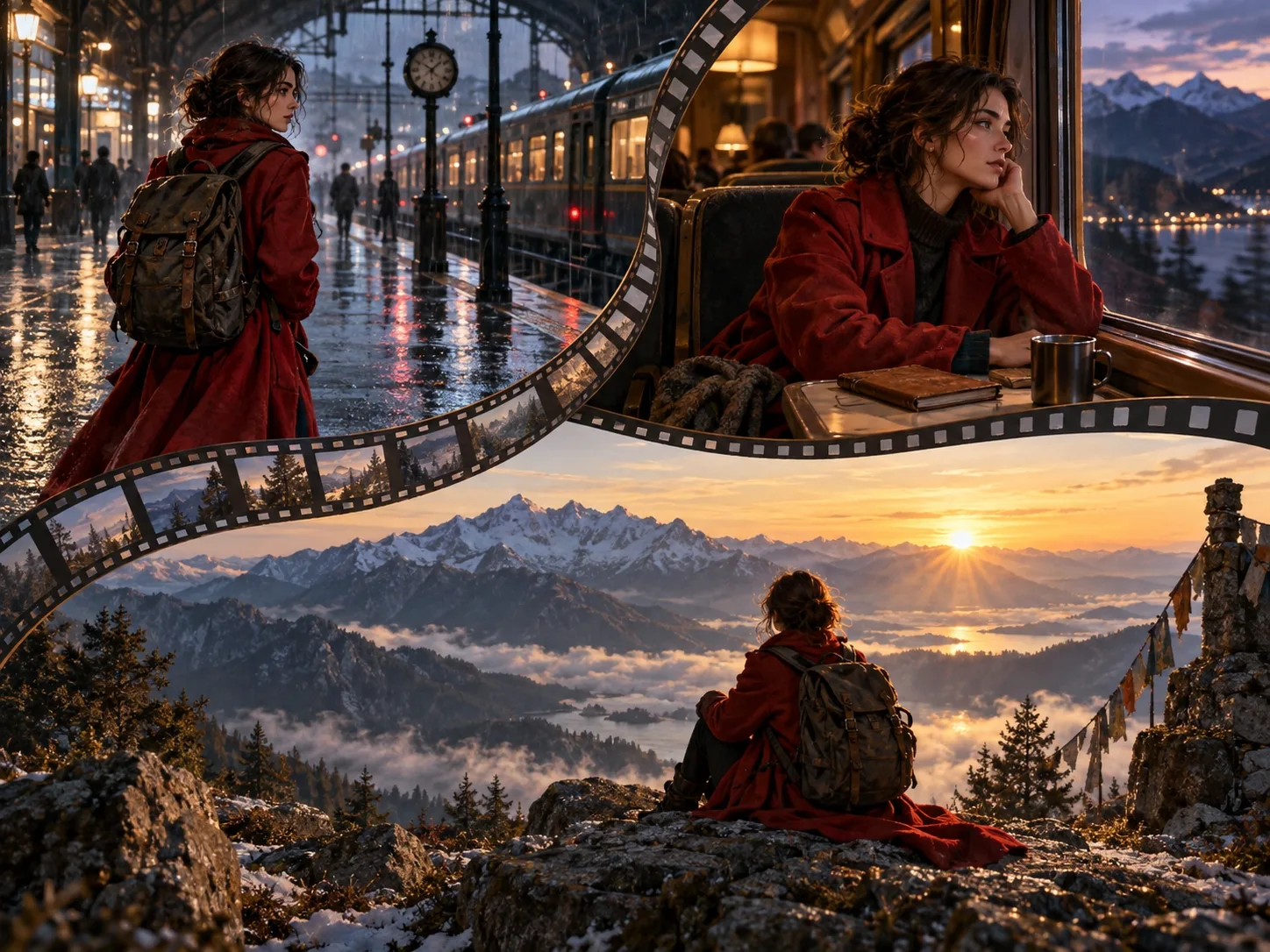 Concept illustration of one traveler continuing through a station, train, and mountain overlook