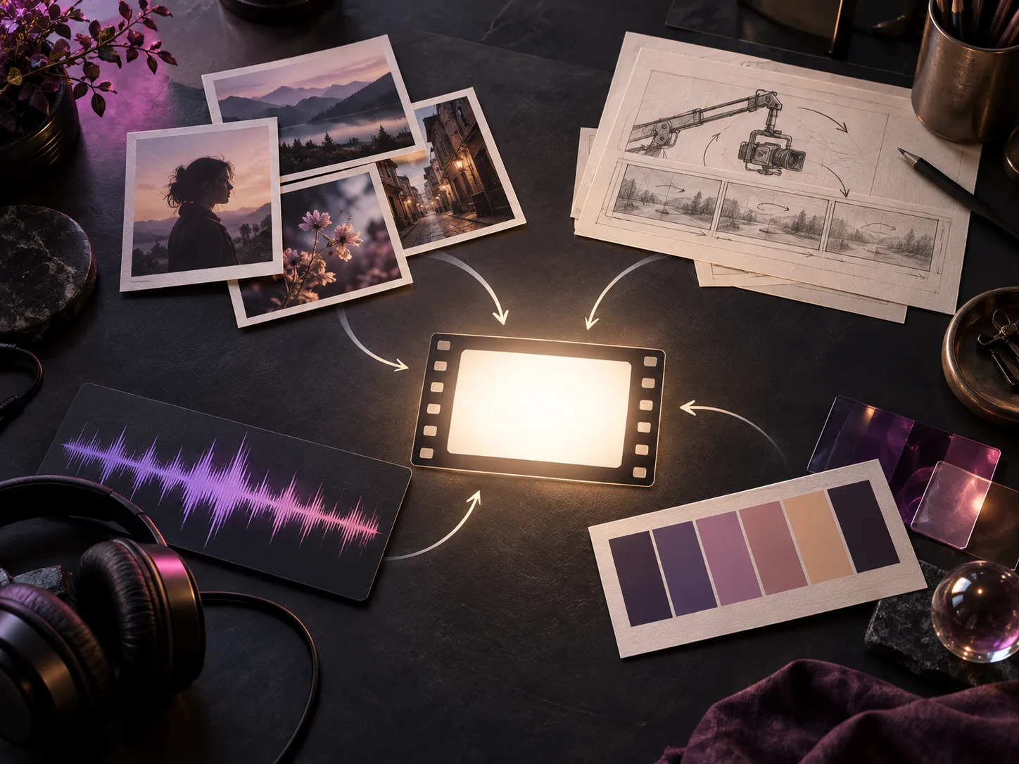 Conceptual tabletop where photos, storyboards, sound, and color references converge on one film frame