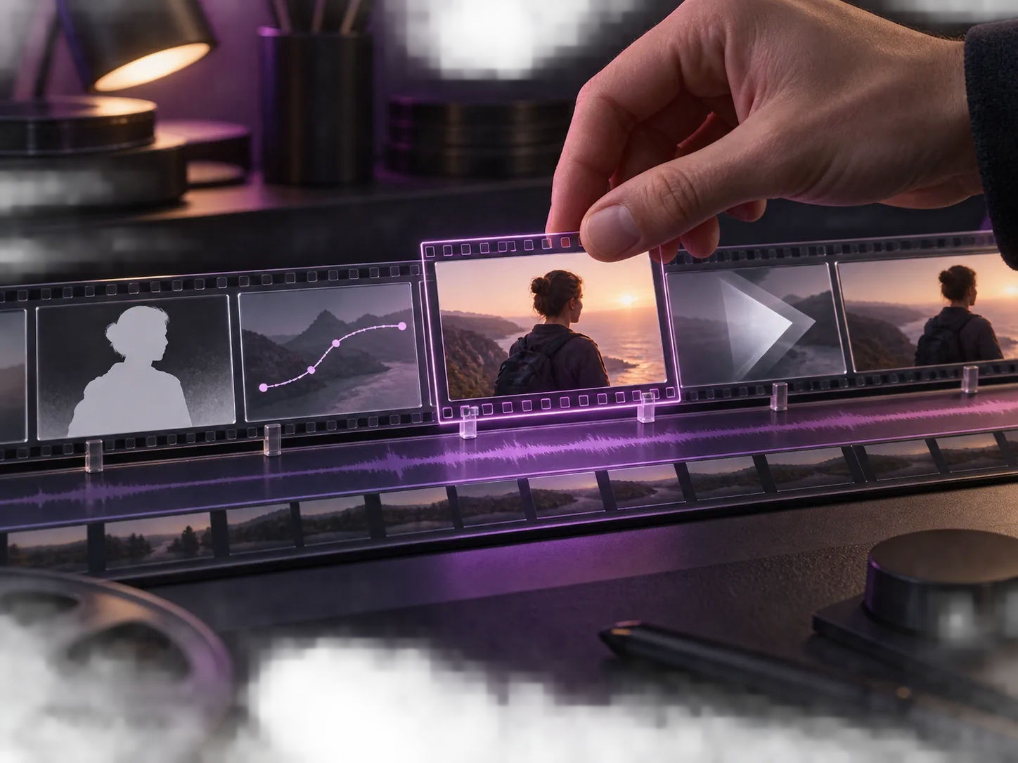 Concept illustration of one selected film frame being adjusted inside a continuous timeline