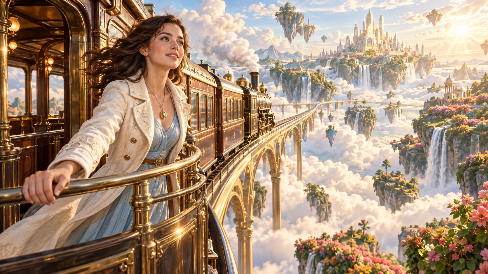 Woman riding a golden train through a fantasy landscape before a directed video revision
