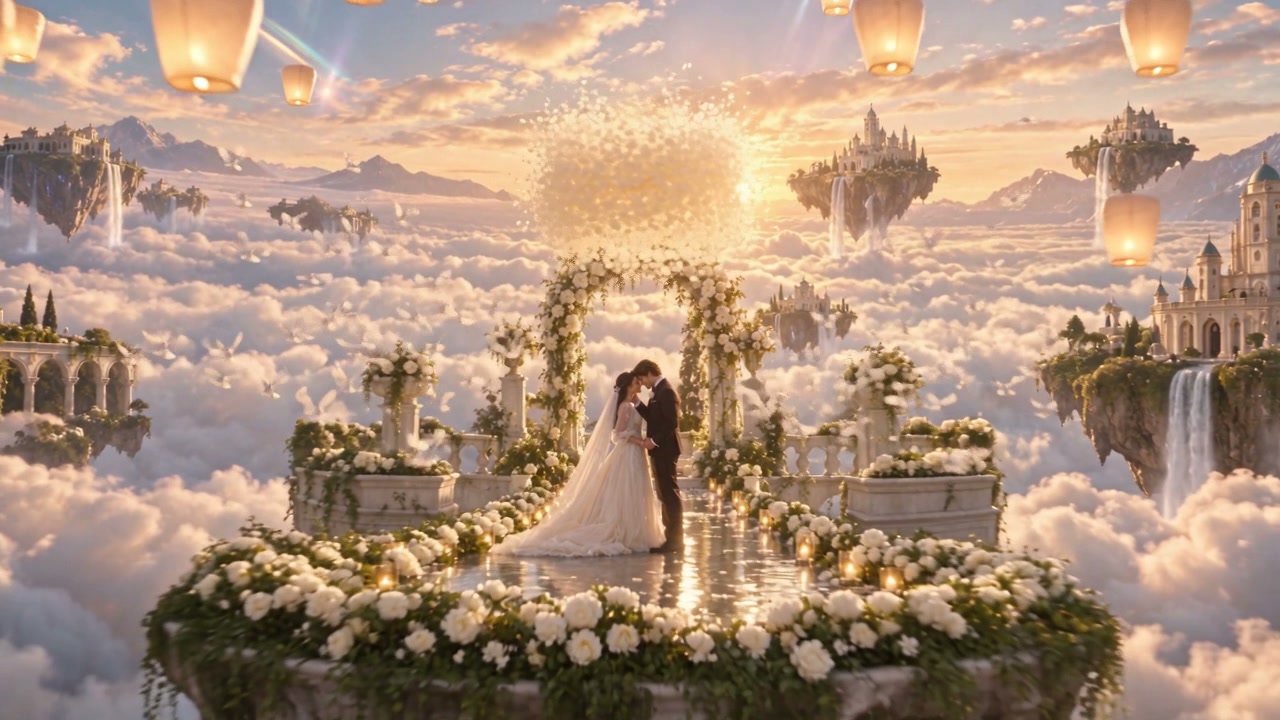 Bride and groom meeting in a luminous floating wedding garden